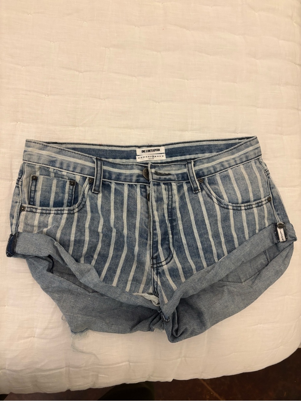 One Teaspoon Striped Light and White Denim Rolled-Hem Shorts